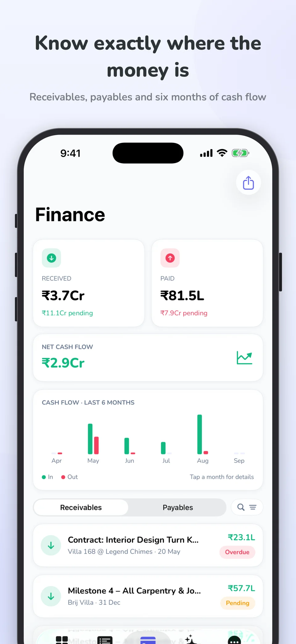 ArchiTrack iPhone app showing the financial dashboard