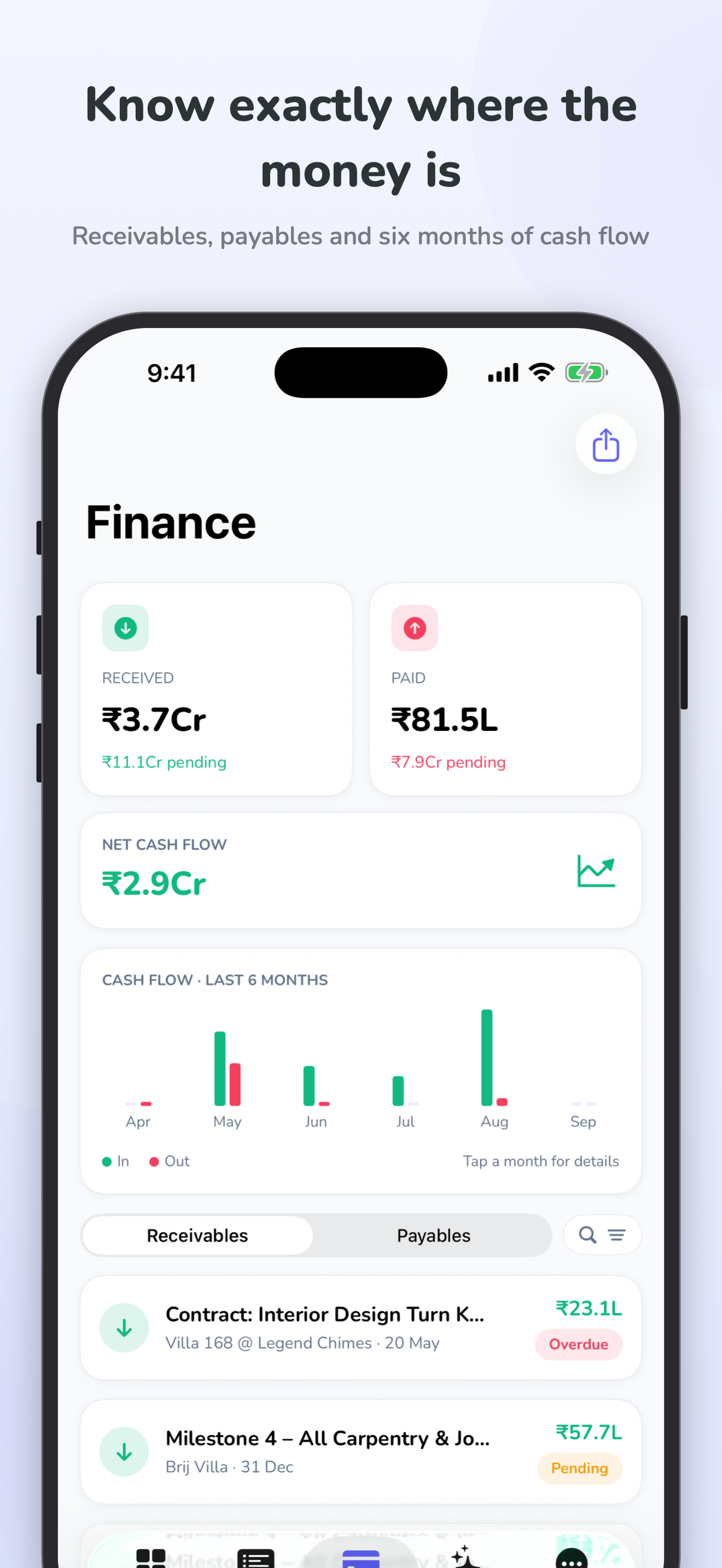 ArchiTrack iPhone app showing the financial dashboard
