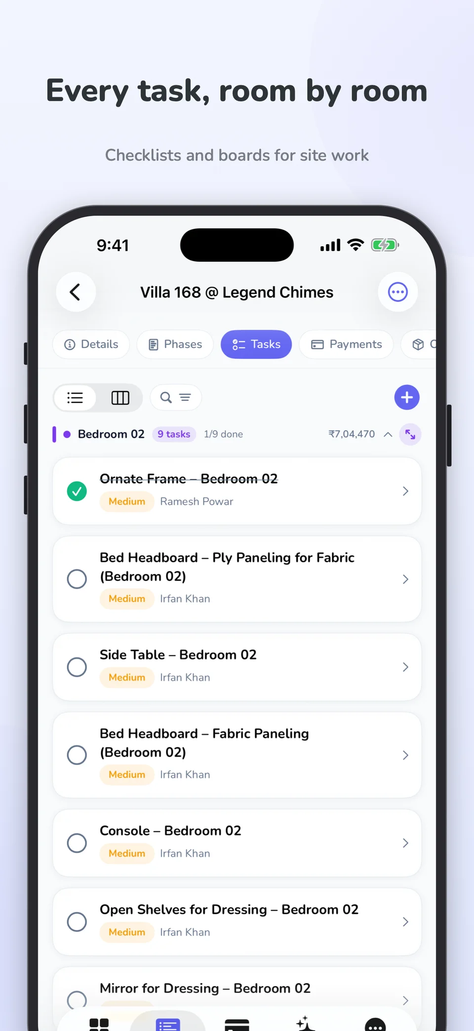 ArchiTrack iPhone app showing project tasks and priorities
