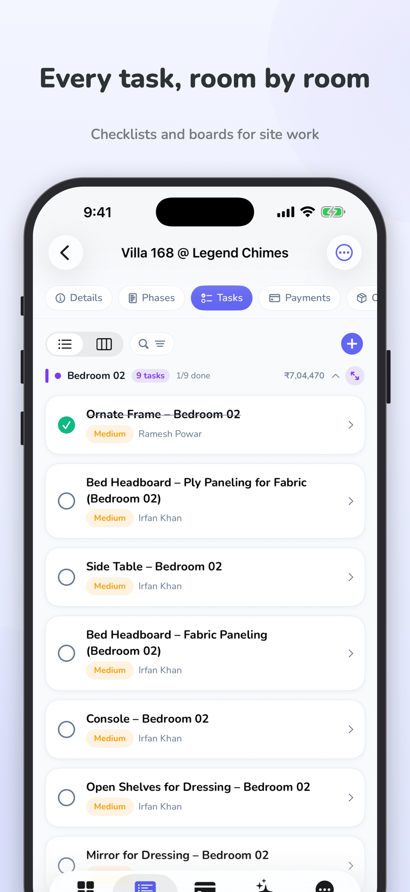 ArchiTrack iPhone app showing project tasks and priorities