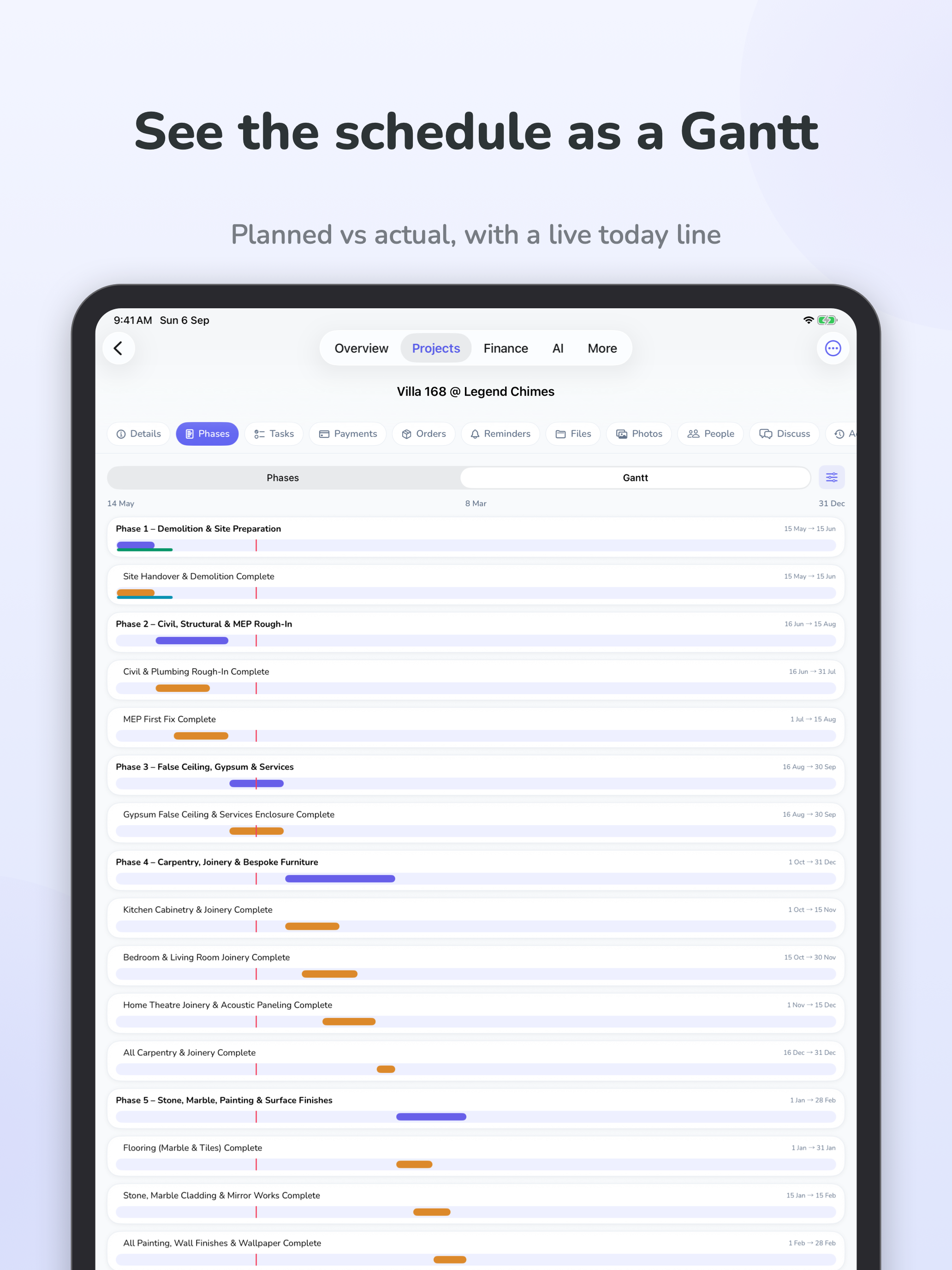 Project timeline and Gantt view in ArchiTrack for iPad