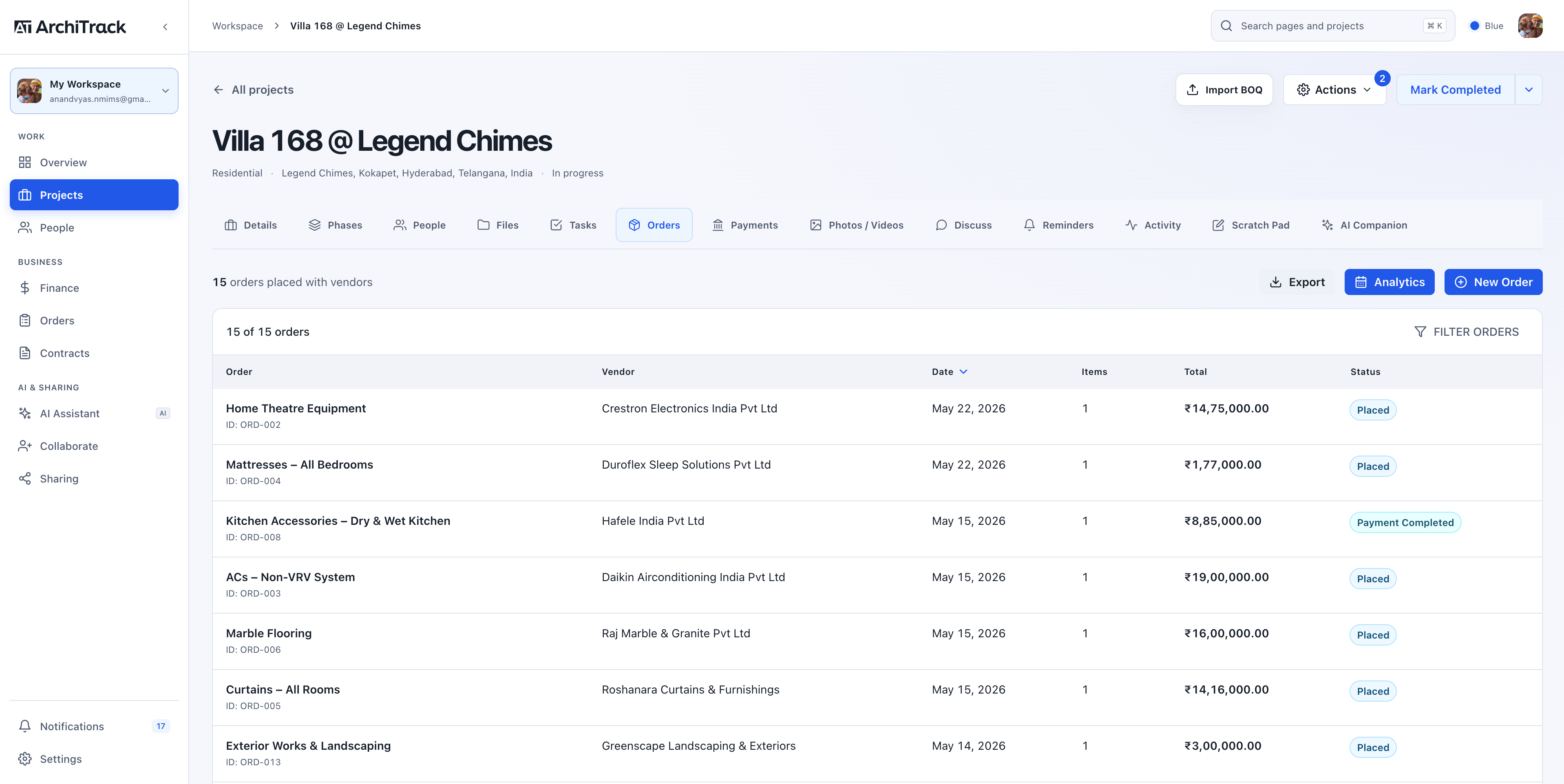 ArchiTrack project orders showing items, vendors, values, and delivery status