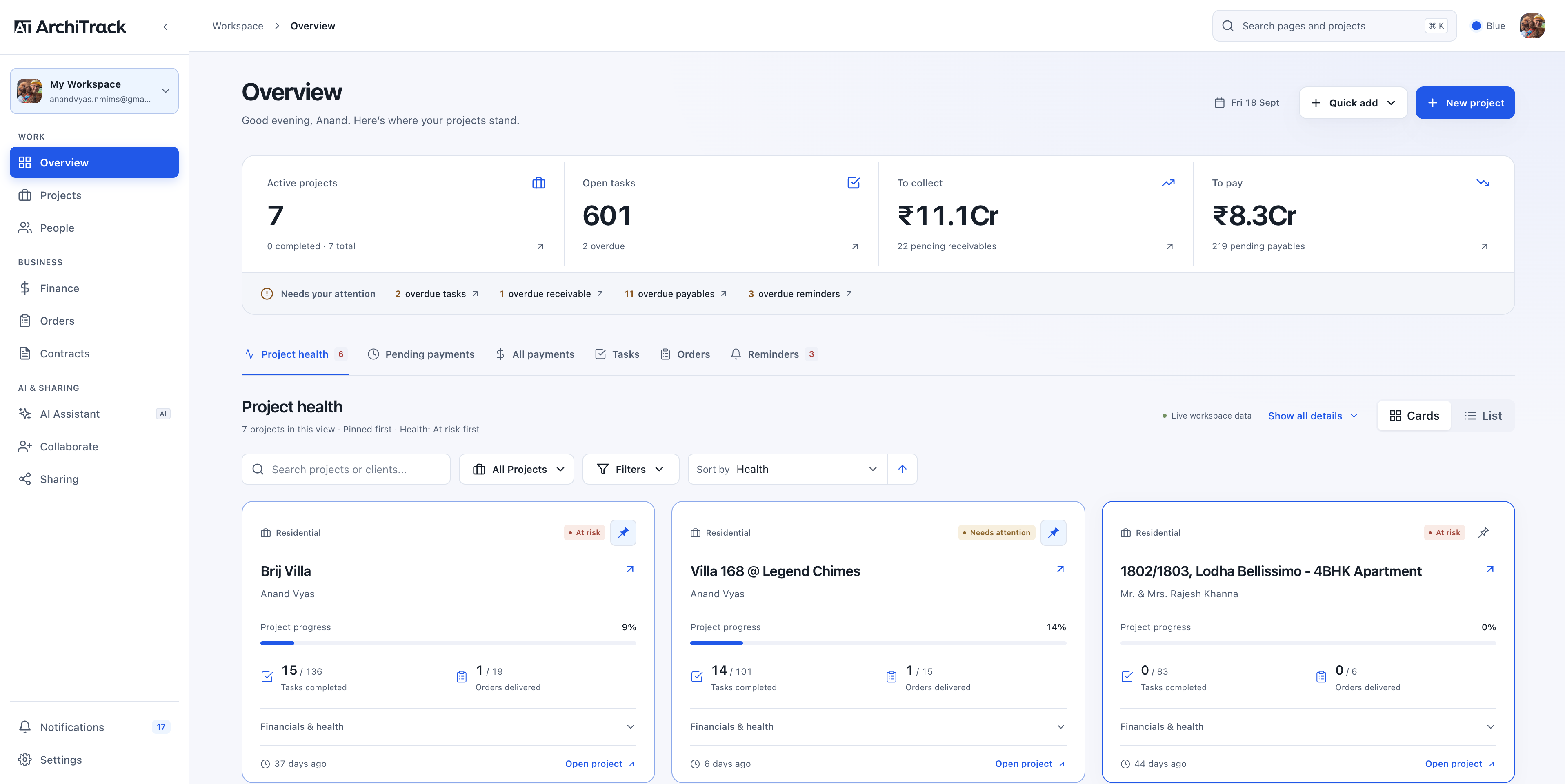 ArchiTrack workspace overview showing active projects, financial balances, and project health cards